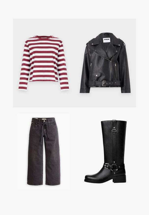 Jachetă de biker din piele sintetică neagră, cu fermoare argintii, talie cu curea și epoleți. Prezintă un guler lat și închidere asimetrică cu fermoar.; Selected Femme SLFESSENTIAL BOXY TEE - Bluză cu mânecă lungă - zinfandel; Jeans negre cu picioare largi, din denim, cu talie ajustabilă cu șnur, cinci buzunare și detalii de cusătură în contrast. Design cu fața plată.; Cizme înalte din piele ecologică neagră, cu vârf rotund, detalii cu cataramă de accent și toc gros. Textură netedă și cusătură verticală pe tijă.