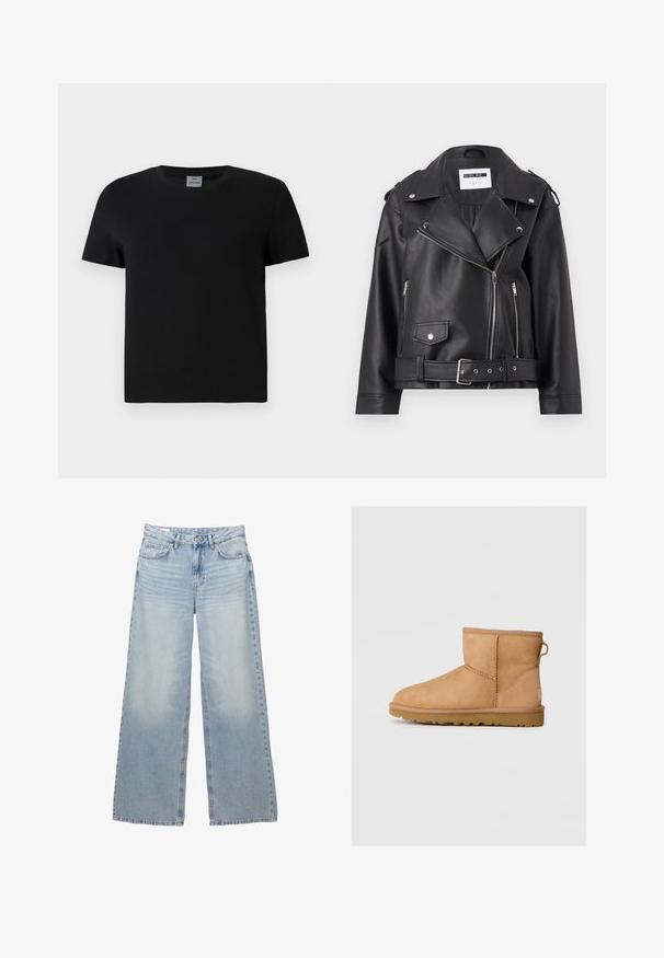 Jachetă de biker din piele sintetică neagră, cu fermoare argintii, talie cu curea și epoleți. Prezintă un guler lat și închidere asimetrică cu fermoar.; Tricou din bumbac negru, cu guler rotund și mâneci scurte. Design simplu, fără modele sau accente, cu un croi drept la talie.; Jeans largi de culoare albastru deschis, din denim. Au cinci buzunare, bucle pentru curea și închidere cu nasture. Spălare decolorată cu îmbujorări subtile.; Botină din suede bej, cu vârf rotund, detalii cusute, buclă de prindere pe spate și talpă din cauciuc texturat. Proiectată pentru confort și căldură.