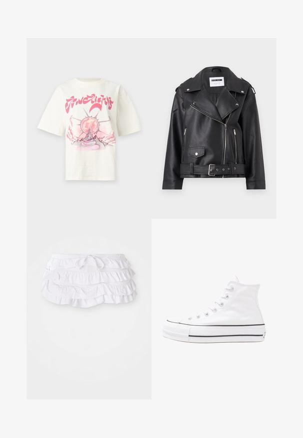 Juodas dirbtinės odos motociklininkų švarkas su sidabriniais užtrauktukais, diržu juosmens srityje ir epauletėmis. Yra plati apykaklė ir asimetriška priekinių užtrauktukų uždarymo sistema.; Grietai spalvos medvilnės marškinėliai su grafiniu dizainu, kuriame pavaizduoti saulė, kalnas ir sukasi takelis rožiniais ir pilkais tonais. Trumpomis rankovėmis.; Balta plisuota maudymosi sijonėlis su keliais sluoksniais, turintis raištelį liemeniui reguliuoti. Minkšta medžiaga su lygiu paviršiumi.; Balti aukštakulniai drobės sportbačiai su juodu guminio pado, priekinio guminio piršto dangteliu ir šešiais akytėmis raištams, pasižymintys švariu, minimalistiniu dizainu.