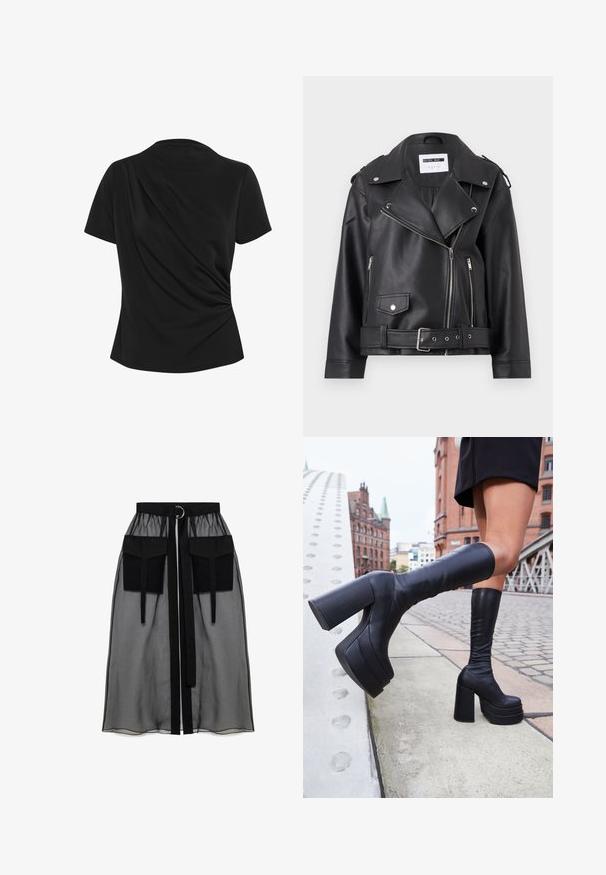 Čierna faux kožená biker bunda so striebornými zipsami, pásom a epauletmi. Má široký golier a asymetrické zapínanie na zips vpredu.; Čierny top s krátkym rukávom a drapériou na chrbte, vyrobený z mäkkej tkaniny, s okrúhlym výstrihom a priliehavým strihom.; Čierna priesvitná sukňa s naťahovacím pásom, ktorá má dve veľké predné vrecká, opasok na viazanie a kruhový kovový akcent.; Čierne vysoké platformové čižmy z hladkej kože, s hrubými štvorcovými podpätkami a elegantným dizajnom, umiestnené na pozadí mestského prostredia.
