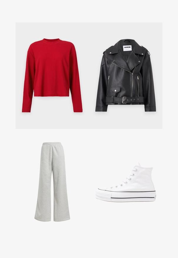 Crna faux kožna biker jakna sa srebrnim patentnim zatvaračima, pojasom u struku i epoletama. Ima široki ovratnik i asimetrično kopčanje na cijeloj dužini.; Crvena rebrasta majica dugih rukava s visokim izrezom i širokim krojem, izrađena od mekanog materijala s suptilnom teksturom.; Sive trenirke širokog kroja, izrađene od mekog pamučnog materijala. Imaju elastični pojas i minimalne ukrase.; Bijela visoka platnena tenisica s crnom gumenom potplatom, prednjim gumenim zaštitnikom prstiju i šest rupa za vezanje, s čistim, minimalističkim dizajnom.