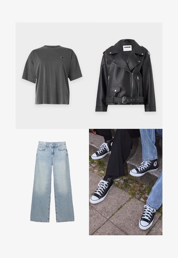 Jachetă de biker din piele sintetică neagră, cu fermoare argintii, talie cu curea și epoleți. Prezintă un guler lat și închidere asimetrică cu fermoar.; Tricou din bumbac gri, cu gât rotund și mâneci scurte. Prezintă un patch mic cu logo într-o culoare contrastantă pe partea stângă a pieptului.; Jeans largi de culoare albastru deschis, din denim. Au cinci buzunare, bucle pentru curea și închidere cu nasture. Spălare decolorată cu îmbujorări subtile.; Sneakers negre din pânză până la glezne cu tălpi și șireturi albe, având un logo circular pe lateral și purtate cu blugi și pantaloni negri.