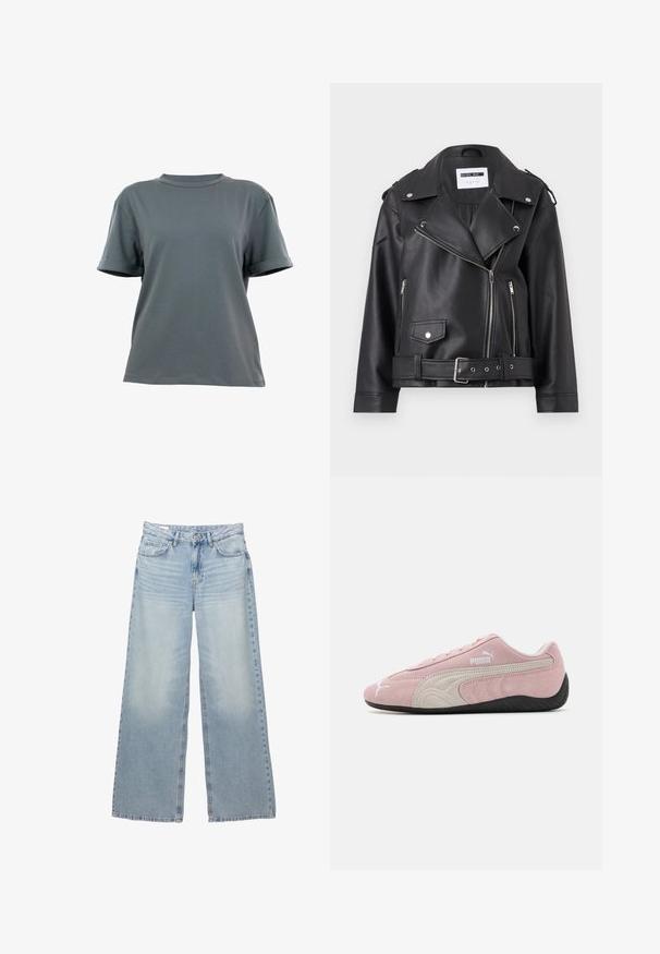 Černá bikerská bunda z umělé kůže se stříbrnými zipy, páskem v pase a epauletami. Obsahuje široký límec a asymetrické přední zapínání na zip.; Šedé bavlněné tričko má kulatý výstřih, krátké rukávy s ohrnutými manžetami a uvolněný střih. Hladký povrch bez viditelných vzorů.; Světle modré, široké džíny vyrobené z denimu. Obsahují pět kapes, poutka na opasek a zapínání na knoflík. Vybledlý vzhled s jemným efektom opotřebení.; Růžové semišové tenisky s šedými akcenty, zjednodušený design, texturovaný svršek a černá gumová podrážka. Na boku je logo Puma.