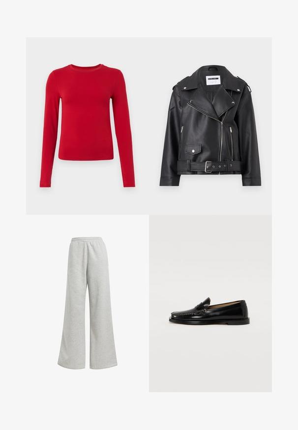 Črna cowboy jakna iz umetnega usnja s srebrnimi zadrgami, pasom in epauleti. Ima širok ovratnik in asimetrično zadrgo spredaj.; Rdeča majica z dolgimi rokavi, izdelana iz raztegljivega materiala, z okrogelim izrezom in prilegajočo silhueto. Gladka tekstura brez vidnih vzorcev.; Sive trenirke z širokimi hlačnicami, izdelane iz mehke bombažne tkanine. Imajo elastičen pas in minimalne okrase.; Črne usnjene loaferske čevlje z zaobljenim prstom, okrasnim šivom in ravnim podplatom. Gladka tekstura in minimalističen dizajn.