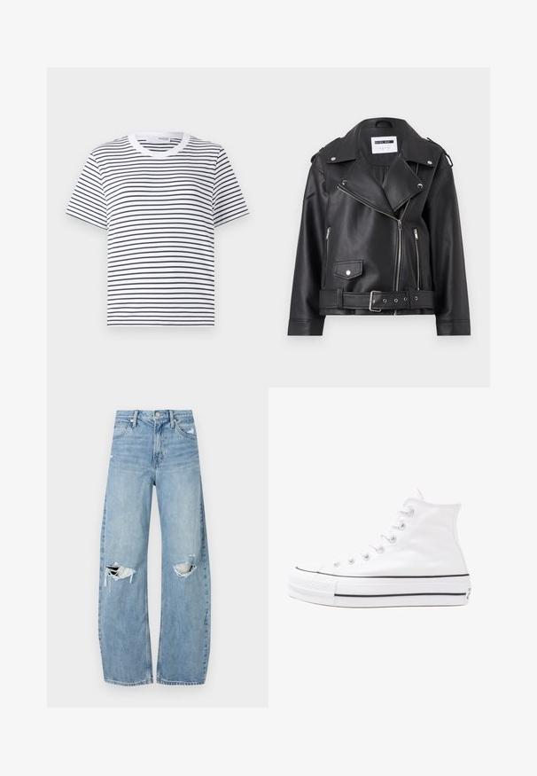Čierna faux kožená biker bunda so striebornými zipsami, pásom a epauletmi. Má široký golier a asymetrické zapínanie na zips vpredu.; Biela tričko s čiernymi horizontálnymi pruhmi, okrúhlym výstrihom, krátkymi rukávmi a uvoľneným strihom. Bavlnený materiál, jednoduchý dizajn.; Svetlomodré, vysoké džínsy vyrobené z denimu. Majú široké nohavice, dve roztrhnuté kolená a klasický päťvreckový strih.; Biele vysoké plátené tenisky s čiernou gumovou podošvou, prednou gumovou špičkou a šiestimi okami na šnúrky, s čistým, minimalistickým dizajnom.