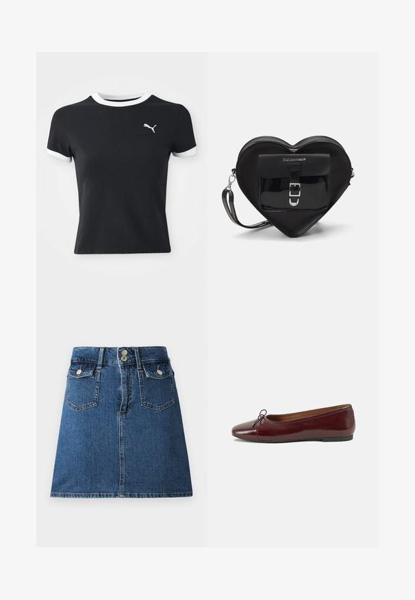 Čierna faux kožená biker bunda so striebornými zipsami, pásom a epauletmi. Má široký golier a asymetrické zapínanie na zips vpredu.; Čierne bavlnené tričko s bielym golierom a akcentmi na rukávoch; obsahuje malé biele logo Puma na ľavej hrudi. Krátke rukávy, priliehavý strih.; Denimová sukňa v tmavomodrej farbe, so priliehavým pásom, dvoma prednými vreckami, dvoma zadnými vreckami a zapínaním na strieborné gombíky.; Burgundské lakované balerínky s okrúhlou špičkou, malou mašľou na prednej strane a nízkou čiernou gumovou podrážkou. Hladký povrch.; Čierna taška v tvare srdca vyrobená z lakovanej kože má predné vrecko so zapínaním na pracku a odnímateľný popruh. Strieborné kovanie.