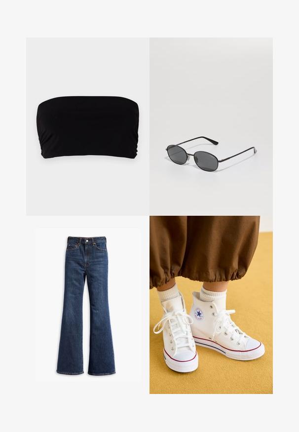 Svart faux skinn bikerjakke med sølvfargede glidelåser, belte i livet og epauletter. Har en bred krage og asymmetrisk frontglidelås.; Svart bandeau topp laget av glatt stoff, med en enkel design uten stropper, rynkedetalj på den ene siden, og en sømløs finish.; Høytlivete mørkeblå denimjeans med utvidede ben, frontlås med knapp og glidelås, og fem-lommers design.; Hvite høye kanvas sneakers med gummisåle, med sølvfargede øyeletninger, rødt og blått kantbånd, og en rund logo på ankelen.; Sorte ovale solbriller med mørke linser, tynn metallramme og rette templer. Har merkevarelogo på den indre armen og nesepadde.