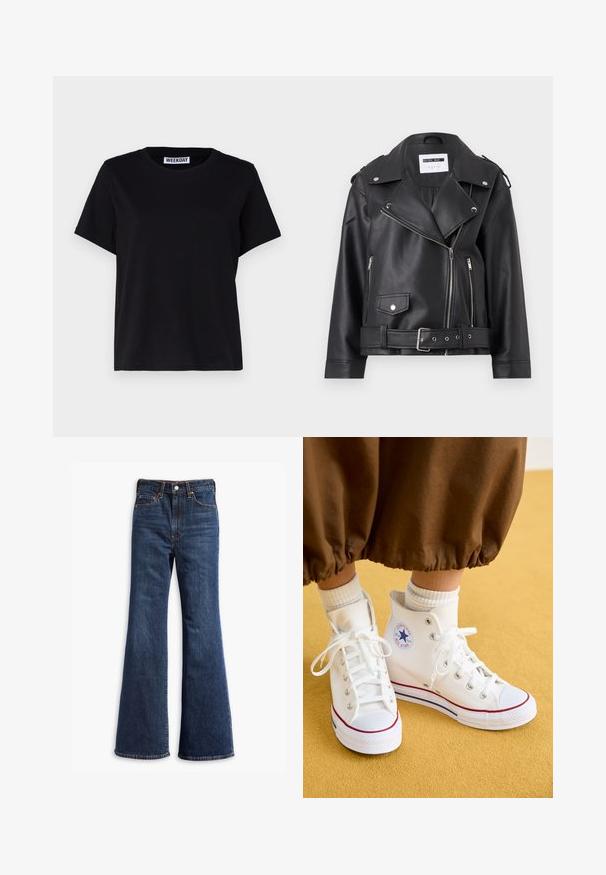 Mustast faux-nahast motorratturite jope, millel on hõbedased tõmblukud, vöökoht ja õlavarreklapid. Omab laia kraed ja asümmeetrist esi tõmblukku.; Mustast lühikeste varrukatega t-särk, mis on valmistatud puuvillast. Omab ümmargust kaelust ja mugavat lõiget. Silti ehtib tekst "WEEKDAY" krael.; Kõrgelt talje sinised teksapüksid, flöödid säärtedega, ees nupuga ja tõmbluku sulgemine ning viie-tasku disain.; Valged kõrged kanvas tossud kummitaldaga, millel on hõbedased silmad, punane ja sinine ääris ning ümmargune logo pahkluul.