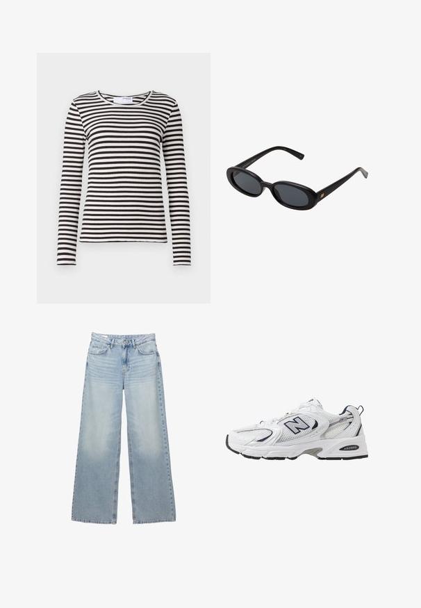 Svart bikermantel i konstläder med silverfärgade dragkedjor, bälte i midjan och axelklaffar. Har en bred krage och asymmetrisk dragkedjestängning framtill.; Långärmad ribbad topp med horisontella svarta och vita ränder. Klassisk rund halsringning med en nära passform. Mjuk textur.; Ljusblå, vida jeans i denim. Har fem fickor, bältesöglor och en knappstängning. Tvnad tvätt med subtila slitningar.; Vit sportskor med överdel i mesh, marinblå accenter och dämpad sula. Har "N"-logotyp, snörning och texturerad detalj på sidan.; Svarta överdimensionerade solglasögon med ovala linser, slät plastbåge och guldaccent på bågarna. Mörka linser ger solskydd.