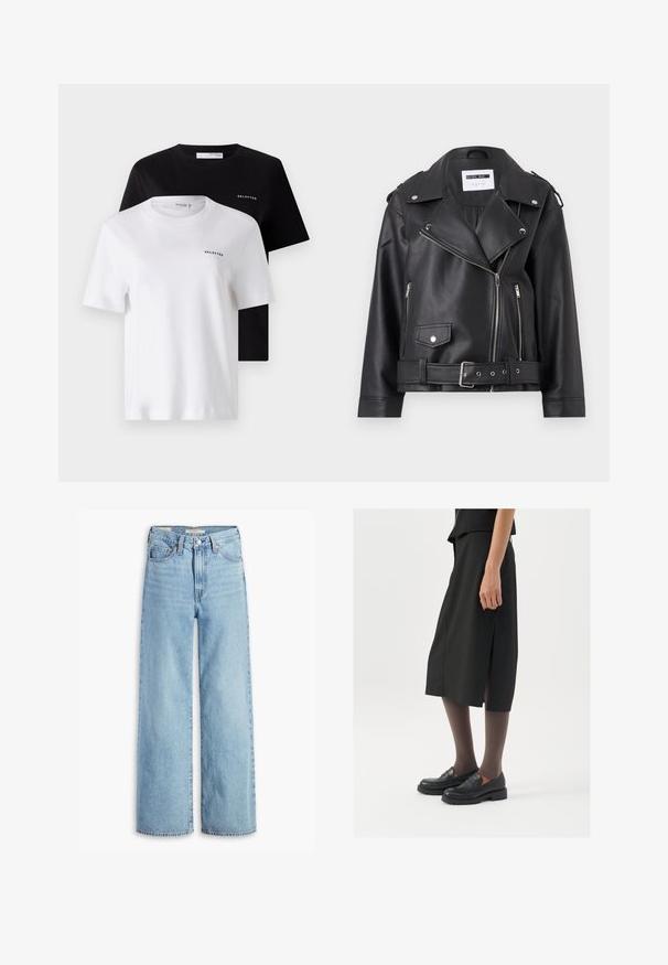 Musta tekonahkainen moottoripyöräjacketti, jossa on hopeiset vetoketjut, vyöllinen vyötärö ja olkalaput. Ominaisuuksiin kuuluu leveä kaulus ja epäsymmetrinen etuvetoketjukiinnitys.; Kaksi lyhythihaista t-paitaa mustana ja valkoisena, valmistettu puuvillasta. Molemmissa on pyöreä kaula-aukko ja pieni "SELECTED"-logo rinnassa.; Korkeavyötäröiset, vaaleansiniset levenevät farkut, joissa on etupainike ja vetoketju, vyölenkit ja viisi taskua.; Mustat polvenpituinen hame, jossa on sivuaukko, yhdistettynä mustiin loafer-kengiin ja ohuisiin ruskeisiin sukkahousuihin. Hameessa on sileä kangas ja yksinkertainen muotoilu.