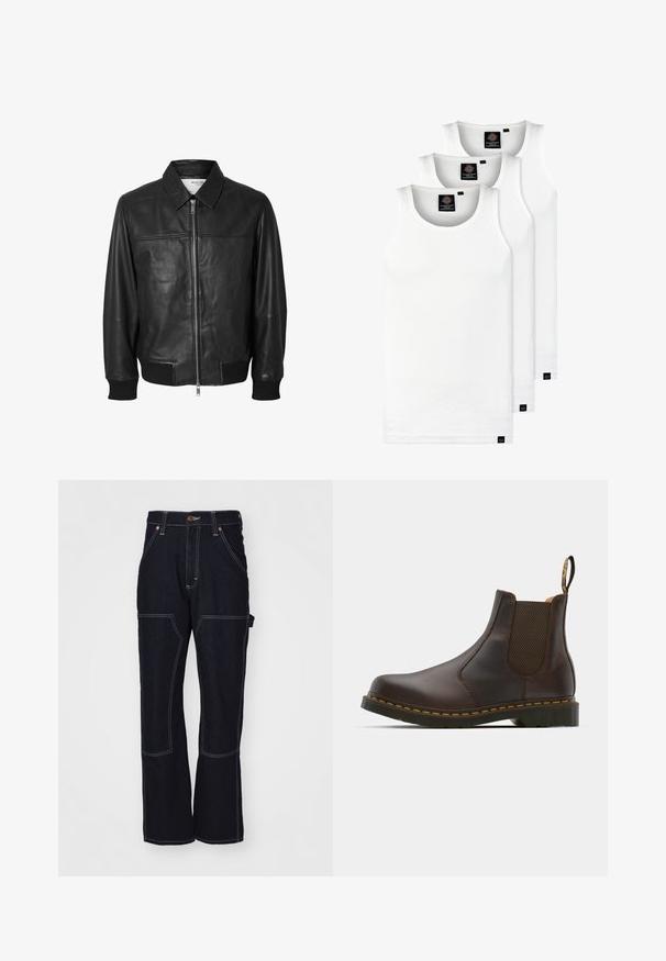 Selected Homme SLHDEON JACKET - Leather jacket - black; Three white ribbed tank tops made of cotton. Features a crew neck and small black labels near the hem. Available in multiple sizes.; Dark blue denim trousers with light stitching, wide leg design, front pockets, and a side utility pocket. Adjustable waistband with metal hardware.; Brown leather Chelsea boot with elastic side panels, textured heel, and contrast yellow stitching. Features a pull tab for easy wear.