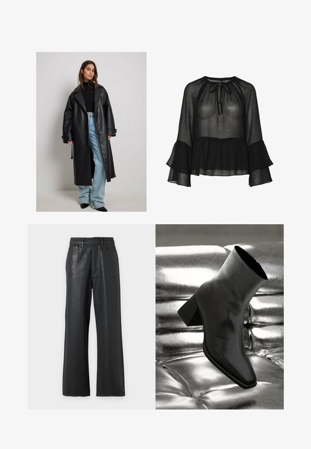 Juodai odinis trenčkotis su dideliu apykakle, dvigubu užsegimu priekyje ir suknele varstytomis rankovėmis, derinamas su šviesiai mėlynomis plačiomis džinsomis.; Juoda skaidri bluzelė su susirinkusia apykakle, raišteliu ir varpo formos rankovėmis. Ypatybės: sluoksniuotas volanas apačioje ir tekstūruota medžiaga.; Juodos plačios kojos kelnes, pagamintas iš blizgaus audinio. Su mygtukų užsegimu, diržo kilpomis ir priekinėmis kišenėmis su lygiu paviršiumi.; Juodos kulkšnies botai, pagaminti iš blizgaus medžiagos, su kvadratine padu ir siauru kulnu, prieš blizgiai sidabrinį pūsto audinio foną.