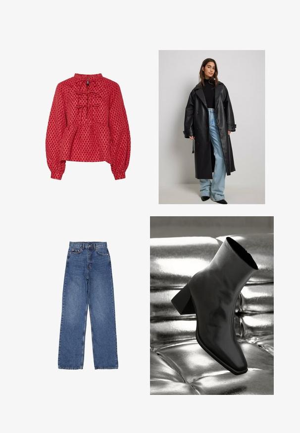 Cappotto trench in pelle nera con un ampio colletto, chiusura doppiopetto e maniche arrotolate, abbinato a jeans svasati blu chiaro.; Blusa rossa in tessuto testurizzato con motivo a diamante, scollo arricciato e lacci anteriori. Presenta maniche lunghe con polsini elasticizzati.; Jeans in denim con vita alta e gambe larghe, caratterizzati da un classico lavaggio blu, cuciture visibili e dettagli metallici sulla tasca frontale.; Stivale alla caviglia nero realizzato in materiale lucido con punta quadrata e tacco affusolato, posizionato su uno sfondo argentato lucido con imbottiture a sfera.