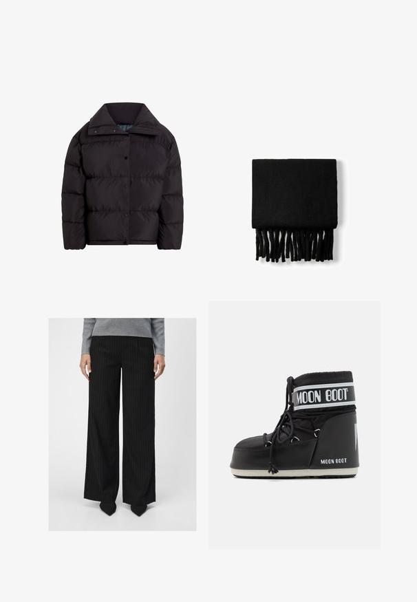 Zwarte pufferjack met een hoge kraag, voorzien van een rits aan de voorkant en drukknopen, gemaakt van soepele, geïsoleerde stof met opgeblazen secties.; Zwarte turtleneck met lange mouwen, gemaakt van ribbelstof, heeft een aansluitend ontwerp met een hoge hals en geen patronen of accenten.; Object OBJLISA WIDE - Broek - black; Zwarte Moon Boot met een gevoerde bovenkant, bevestigd met veters en een kenmerkende witte band met het logo. Dikke, gestructureerde rubberen zool.; Bershka PLAIN-COLOURED - Sjaal - black