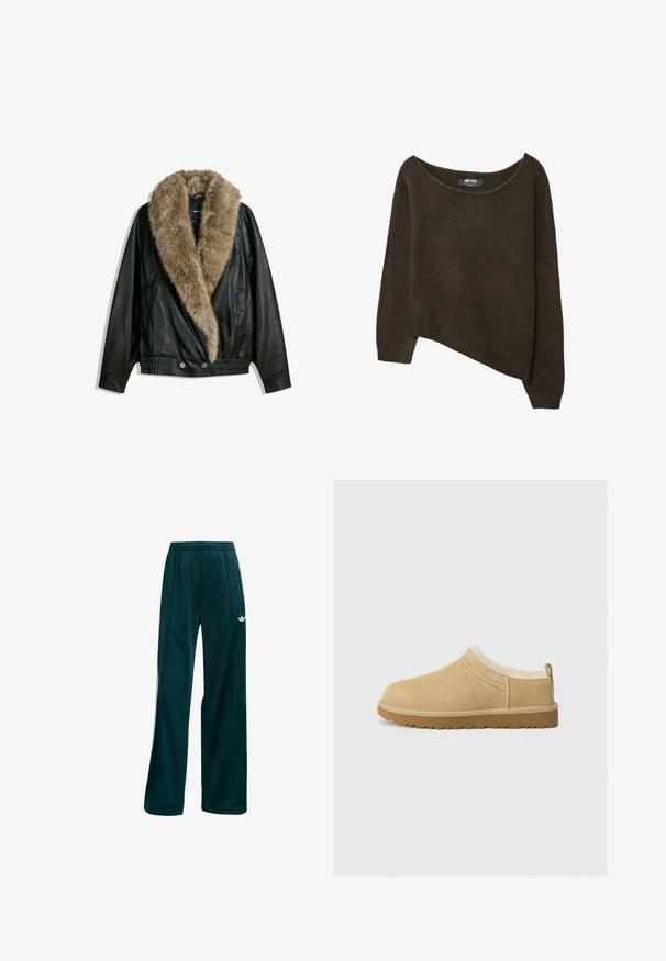 Mustassa nahkatakissa on irrotettava vaaleanruskea keinoturkiskaulus, joustava vyötärö ja kaksi etunappia. Takissa on pitkät hihat ja sileä pinta.; Ruskea, löysä neulepaita, jossa on epäsymmetrinen helma ja leveä kaula-aukko. Pehmeä rakenne, jossa on ribbireunat hihansuissa ja etiketti sisäkaula-aukossa.; Tumman tealväriset urheiluhousut, jotka on valmistettu kevyestä kankaalta. Niissä on yksinkertainen malli, joustava vyötärö ja valkoiset reunakoristeet.; Vaaleanruskea suedesandaali, jossa on pehmeä turkisvuori ja teksturoitu kumipohja, jossa on kevyt korko ja takavetonauha helppoa pukemista varten.