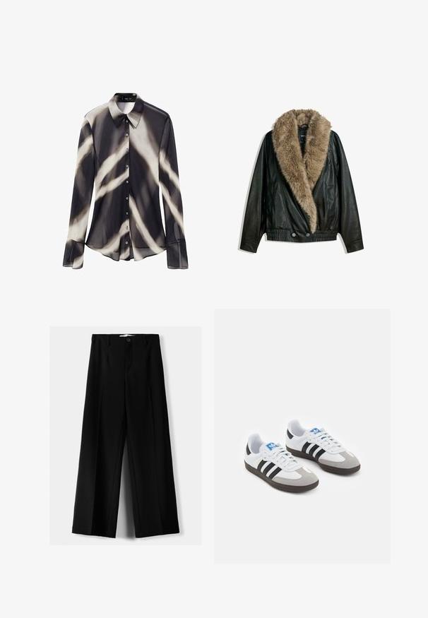 Črna usnjena jakna z odstranljivim bež umetnim krznom na ovratniku, elastičnim pasom in dvema sprednjima gumboma. Ima dolge rokave in gladko teksturo.; Mango ALLEGRA - Bluza z gumbi - black; Črne široke hlače iz lahkega materiala, z zapiranjem na gumb spredaj in ravnim sprednjim delom, s skrbno zašiti robovi.; Športni čevlji z belim usnjenim zgornjim delom, sivim semišem na prstih in tremi črnimi črtami. Imajo modro logo na jeziku in teksturiran gumijast podplat.