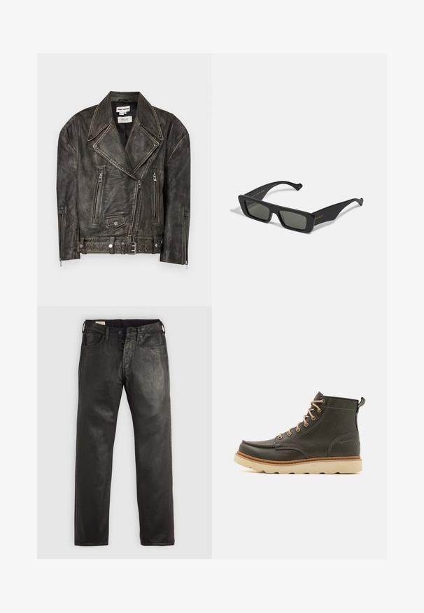 Dhruv Kapoor WASHED BIKER JACKET - Bőrdzseki - grey; Bershka FUZZY - Pulóver - dark grey; Fekete, hosszú ujjú póló, pamutból készült, kerek nyakkivágással és egyenes fazonnal, az ujján egy kis logó részlettel.; Fekete farmernadrág egyenes szabásban, gombbal és cipzárral záródik, öt zsebe van és sima textúrájú.; Sötétzöld bőr bokacsizmák bézs fűzőkkel, párnázott gallérral és texturált gumitalppal. Vízálló jelölés és varrási részletek jellemzik.; Fekete téglalap alakú napszemüveg sötét lencsékkel, sima műanyagból készült. Arany betűk találhatók az oldalon, karcsú szárakkal és modern dizájnnal rendelkezik.; Tengerészkék gyapjú sál rojtos végekkel és narancssárga, diszkrét hímzett logóval. Simább textúra, téglalap alakú és letisztult dizájn.