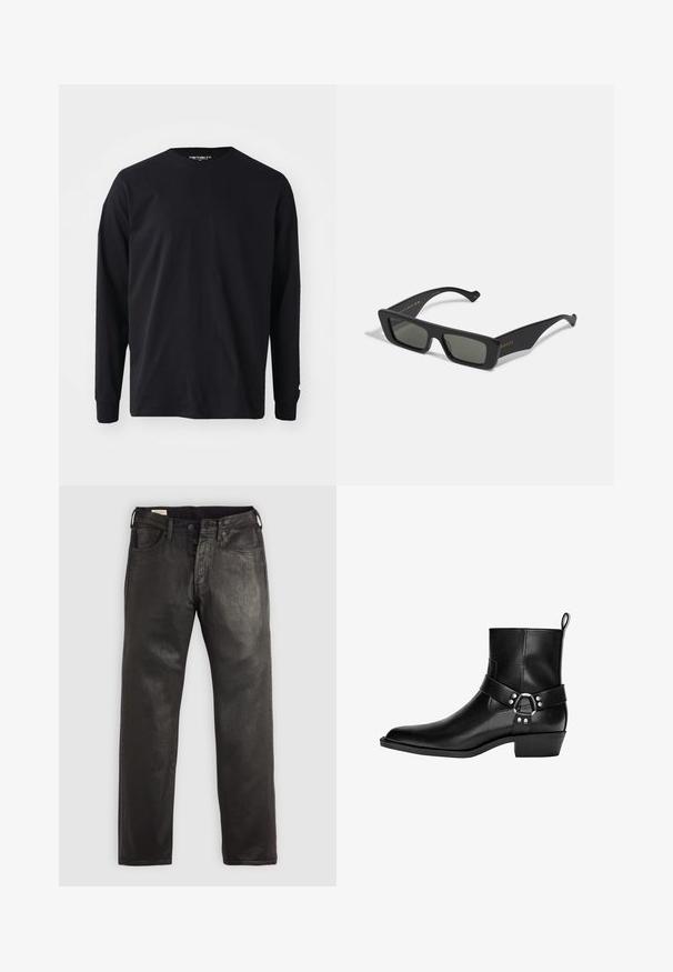 Dhruv Kapoor WASHED BIKER JACKET - Leather jacket - grey; Bershka FUZZY - Jumper - dark grey; Black long-sleeve t-shirt made of cotton, featuring a round neckline and straight cut, with a small logo detail on the sleeve.; Black denim jeans with a straight cut, featuring a button and zipper closure, five pockets, and a smooth texture.; Black leather ankle boot with pointed toe, decorative strap and circular buckle detail, and a low heel. Smooth texture with minimal stitching.; Black rectangular sunglasses with dark lenses, made of smooth plastic. Features gold lettering on the side, sleek arms, and modern design.; Navy wool scarf with fringed ends and subtle embroidered logo in orange. Smooth texture, rectangular shape, and minimal design.