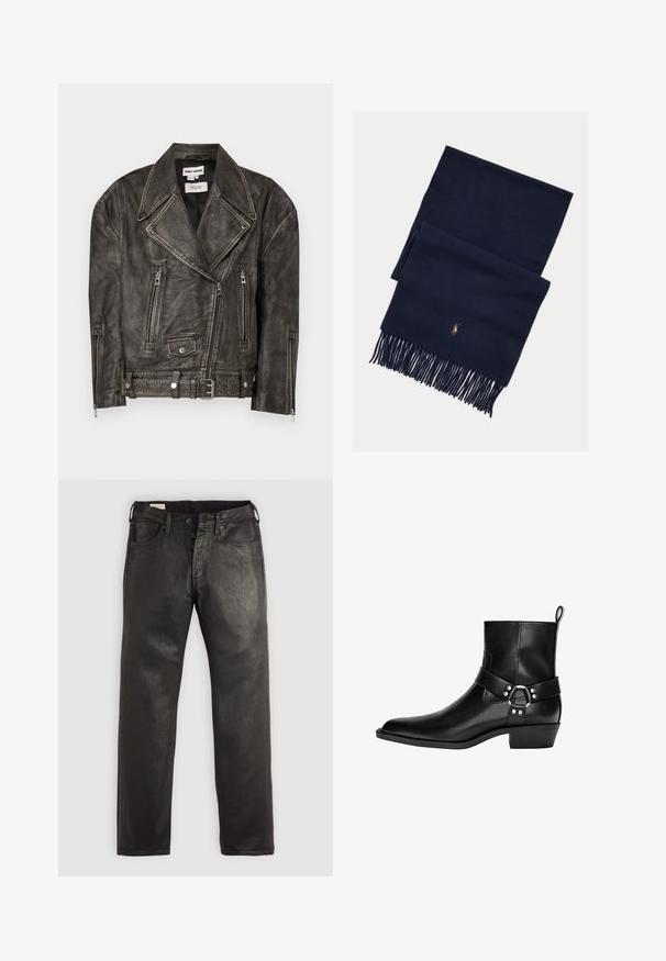 Dhruv Kapoor WASHED BIKER JACKET - Kožená bunda - grey; Bershka FUZZY - Svetr - dark grey; Černé džíny z denimu s rovnými nohavicemi, vybavené knoflíkovým a zipovým uzávěrem, pěti kapsami a hladkou texturou.; Černá kožená kotníková bota s špičatou špičkou, dekorativním páskem a detailním kulatým sponou, a nízkým podpatkem. Hladká textura s minimem švů.; Tmavě modrý vlněný šátek s třásněmi na koncích a nenápadným vyšívaným logem v oranžové barvě. Hladká textura, obdélníkový tvar a minimalistický design.