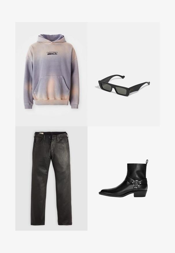 Dhruv Kapoor WASHED BIKER JACKET - Kožená bunda - grey; Mikina s kapucňou v purpurovo- broskyňovej farebnej prechode, vyrobená z mäkkej tkaniny. Obsahuje predné vrecko a čierne logo na hrudi.; Čierne džínsy z denimovej látky s rovný strihom, vybavené zapínaním na gombík a zips, piatimi vreckami a hladkým povrchom.; Čierne kožené členkové čižmy s špicatou špičkou, ozdobným pásikom a detailmi s okrúhlou sponou, a nízkym podpätkom. Hladký povrch s minimálnym prešívaním.; Čierne obdĺžnikové slnečné okuliare s tmavými sklami, vyrobené z hladkého plastu. Majú zlaté písmená na boku, elegantné ramená a moderný dizajn.