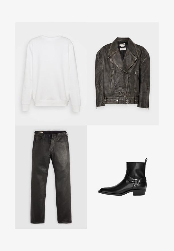Dhruv Kapoor WASHED BIKER JACKET - Kožená bunda - grey; Biely mikina s kruhovým výstrihom a dlhými rukávmi, s rebrovanými manžetami a spodným lemom. Hladká textúra, jednoduchý dizajn, bez viditeľných log a vzorov.; Čierne tričko s dlhým rukávom vyrobené z bavlny, s okrúhlym výstrihom a rovnými strihom, s malým logom na rukáve.; Čierne džínsy z denimovej látky s rovný strihom, vybavené zapínaním na gombík a zips, piatimi vreckami a hladkým povrchom.; Čierne kožené členkové čižmy s špicatou špičkou, ozdobným pásikom a detailmi s okrúhlou sponou, a nízkym podpätkom. Hladký povrch s minimálnym prešívaním.