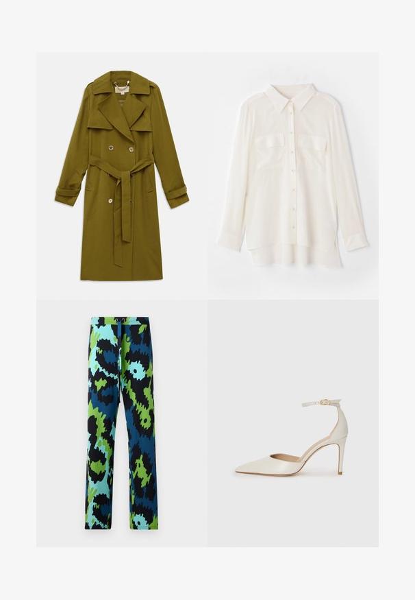 Olive green double-breasted trench coat with wide lapels, belt, buttoned cuffs, and shoulder epaulets, laid flat on a white background.; White button-up shirt made of lightweight fabric. Features a classic collar, two chest pockets, and a slightly longer back hem.; Multicolored pants featuring a bold abstract pattern in black, blue, and green. Made of smooth fabric with a drawstring waist.; White leather high-heeled shoe with a pointed toe, ankle strap, and a slim stiletto heel. Smooth texture with subtle glossy finish.