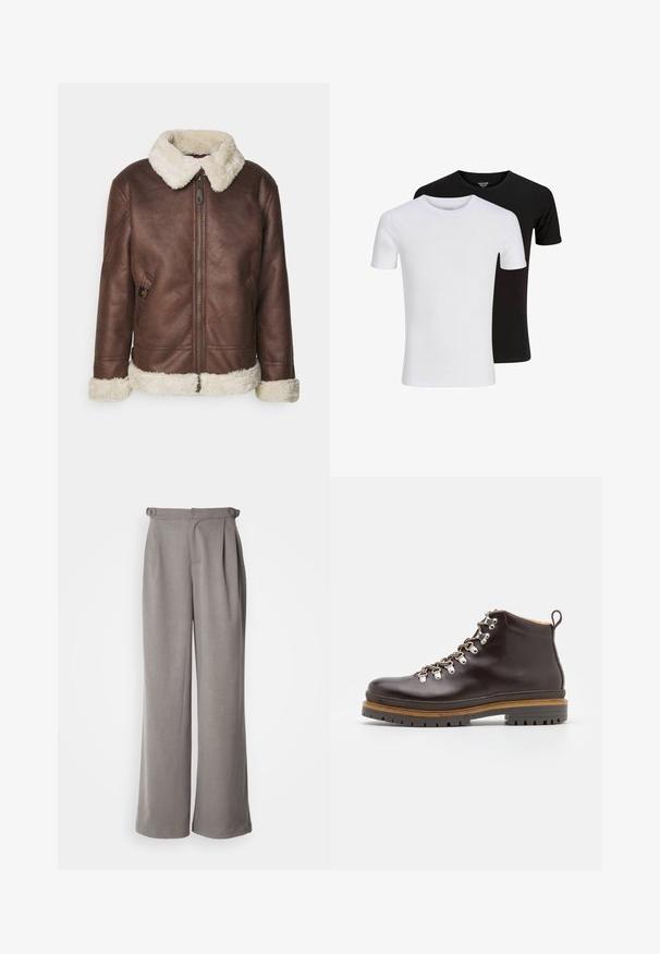 Barna bőrkabát fehér műszőrme gallérral és mandzsettával. Elülső cipzárral és oldalsó zsebbel rendelkezik, texturált felszínt mutat be.; Két sima, rövid ujjú, kerek nyakú póló, az egyik elöl fehér, hátul pedig fekete, fehér háttér előtt kiemelve.; Világosszürke, bőszárú nadrág szőtt anyagból. Derékban plissékkel és övhurkokkal rendelkezik. Sima tapintású, full hosszig érő kialakítás.; Zign LEATHER - Fűzős bokacsizmák - brown
