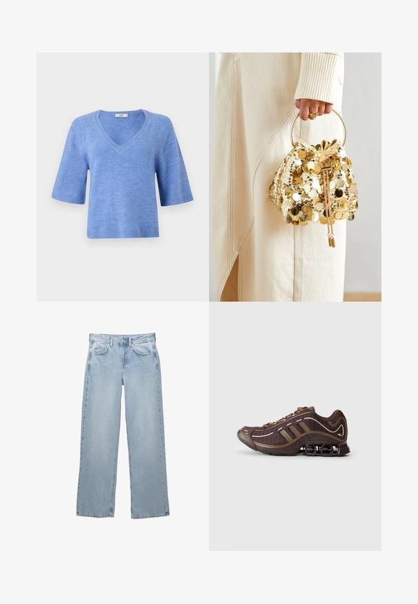 Giacca in pelle nera con colletto rialzato, zip frontale e due tasche laterali con zip. Presenta un design aderente e una texture liscia.; Maglione a maniche corte, con scollatura a V, di colore azzurro chiaro. Realizzato in materiale morbido con dettagli a costine sulle maniche e sull'orlo. Vestibilità rilassata, texture leggera.; Due magliette senza maniche: una bianca con una texture a costine e una grigia chiara con un leggero motivo melange. Entrambe hanno scollature rotonde.; Jeans in denim blu chiaro con design a gamba larga, dotati di chiusura a bottoni e zip, cinque tasche e dettagli di cucitura minimi.; Scarpa sportiva marrone con parte superiore in mesh e materiale sintetico, caratterizzata da tre strisce, cuciture dettagliate, suola imbottita e tipico tallone elastico.; Borsa a tracolla con coulisse in paillettes dorate e manico circolare, caratterizzata da paillettes rotonde lucide e un tessuto testurizzato. Le dimensioni non sono fornite.