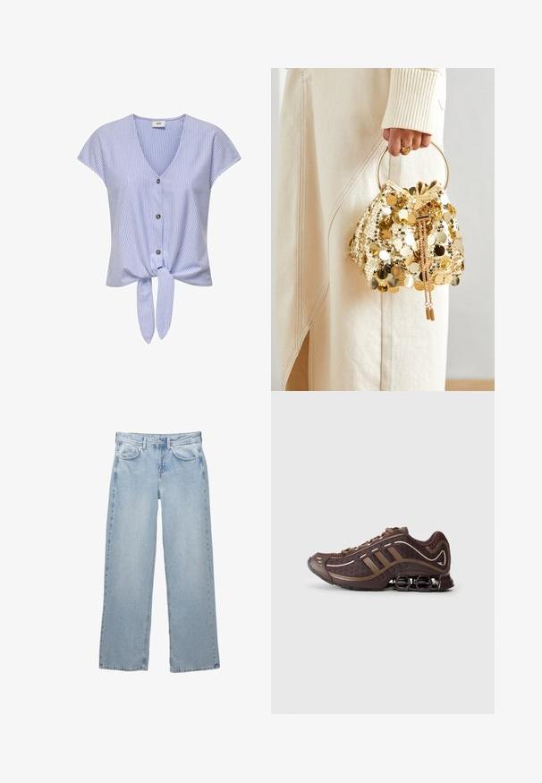 Schwarze Lederjacke mit Stehkragen, Frontreißverschluss und zwei seitlichen Reißverschlusstaschen. Besitzt ein tailliertes Design und eine glatte Textur.; Blau-weiß gestreifte kurzärmelige Bluse mit V-Ausschnitt, Knopfleiste und gebundenem Saum, aus leichtem Stoff gefertigt.; Schwarzes Langarm-Oberteil aus weichem Stoff, mit einem drapierten Design, das eine überlappende Front und einen U-Boot-Ausschnitt aufweist. Geschmeidige Textur, cropped Länge.; Helleblaue Denim-Jeans mit weit geschnittenem Design, ausgestattet mit einem Knopf- und Reißverschluss, fünf Taschen und minimalen Nähten.; Brauner Sportschuh mit Mesh- und Synthetik-Obermaterial, mit drei Streifen, detaillierter Steppnaht, dämpfender Sohle und charakteristischem federndem Absatz.; Goldfarbene Drawstring-Handtasche mit einem runden Griff, verziert mit glänzenden runden Pailletten und einem strukturierten Stoff. Abmessungen sind nicht angegeben.