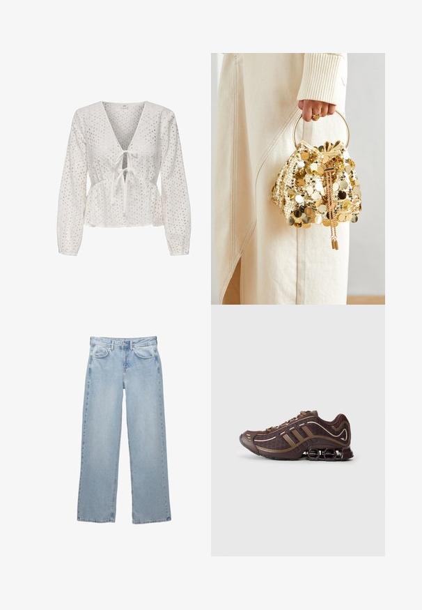 Schwarze Lederjacke mit Stehkragen, Frontreißverschluss und zwei seitlichen Reißverschlusstaschen. Besitzt ein tailliertes Design und eine glatte Textur.; Weißes Peplum-Top mit langen Ärmeln, V-Ausschnitt, Kordelzug vorne und durchbrochener Optik mit Ausschnitten. Strukturierter, leichter Stoff.; Helleblaue Denim-Jeans mit weit geschnittenem Design, ausgestattet mit einem Knopf- und Reißverschluss, fünf Taschen und minimalen Nähten.; Brauner Sportschuh mit Mesh- und Synthetik-Obermaterial, mit drei Streifen, detaillierter Steppnaht, dämpfender Sohle und charakteristischem federndem Absatz.; Goldfarbene Drawstring-Handtasche mit einem runden Griff, verziert mit glänzenden runden Pailletten und einem strukturierten Stoff. Abmessungen sind nicht angegeben.