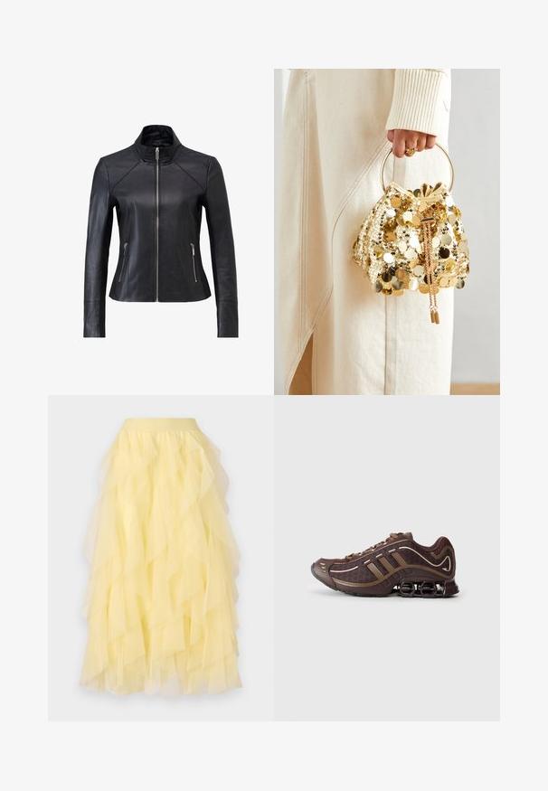 Sort læderjakke med ståkrave, frontlynlås og to lynlåslommer på siden. Har en tætsiddende pasform og en glat tekstur.; Sort langærmet top lavet af blødt stof, der har et drapert design med crossover-foran og bådudskæring. Glat tekstur, cropped længde.; Gul tiered nederdel lavet af gennemsigtig tyl, med en udvidet silhuet, der har overlappende flæser og en elastisk talje.; Brun atletisk sko med mesh og syntetisk overdel, prydet med tre striber, detaljeret syning, polstret sål og karakteristisk fjederagtig hæl.; Guld paliettrækkevogn med et cirkulært håndtag, der har skinnende runde paljetter og et tekstureret stof. Dimensioner er ikke angivet.