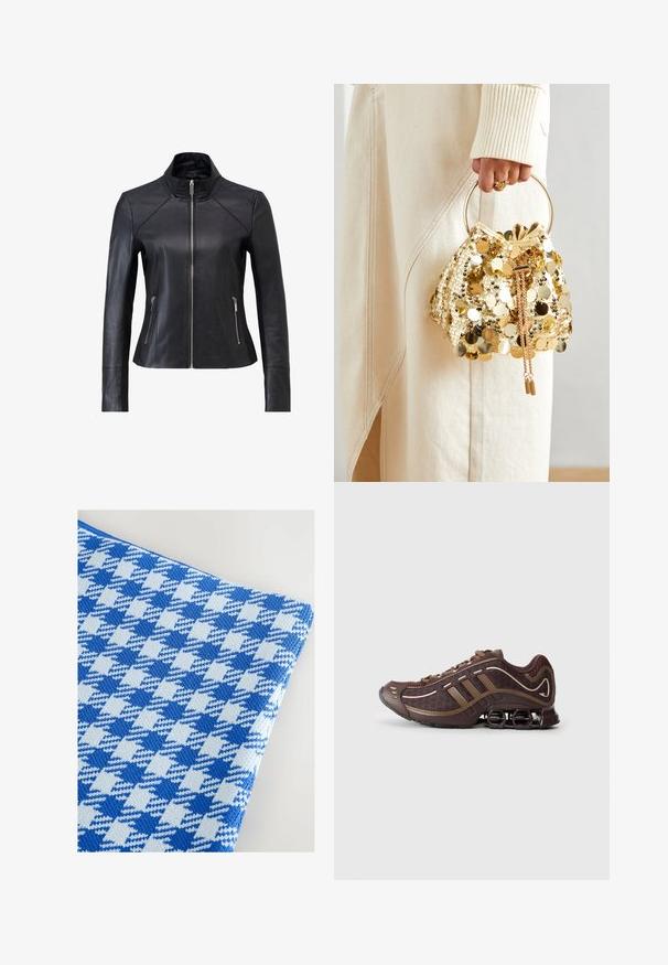Schwarze Lederjacke mit Stehkragen, Frontreißverschluss und zwei seitlichen Reißverschlusstaschen. Besitzt ein tailliertes Design und eine glatte Textur.; Schwarzes Langarm-Oberteil aus weichem Stoff, mit einem drapierten Design, das eine überlappende Front und einen U-Boot-Ausschnitt aufweist. Geschmeidige Textur, cropped Länge.; Blaues und hellblaues Hahnentritt-Muster auf Stoff mit strukturiertem Strickdesign, das eine glatte Oberfläche und ein weiches Aussehen aufweist.; Brauner Sportschuh mit Mesh- und Synthetik-Obermaterial, mit drei Streifen, detaillierter Steppnaht, dämpfender Sohle und charakteristischem federndem Absatz.; Goldfarbene Drawstring-Handtasche mit einem runden Griff, verziert mit glänzenden runden Pailletten und einem strukturierten Stoff. Abmessungen sind nicht angegeben.