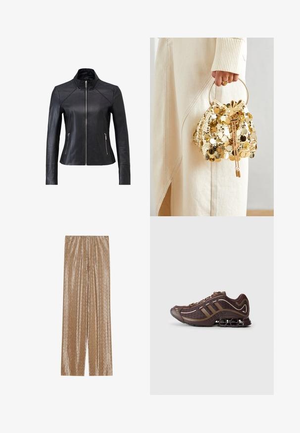Zwarte leren jas met een staande kraag, een ritssluiting aan de voorkant en twee zakken met rits aan de zijkanten. Heeft een getailleerd ontwerp en een soepele textuur.; Zwarte longsleeve top van zacht materiaal, met een gedrapeerd ontwerp en een kruislings front en een boot halslijn. Soepele textuur, cropped lengte.; Lichtbruin geplooide broeken van glanzende stof, met een gestructureerd zigzagpatroon en een elastische tailleband voor comfort.; Bruin sportschoen met bovenkant van mesh en synthetisch materiaal, voorzien van drie strepen, gedetailleerde stiksels, tochtige zool en kenmerkende veerkrachtige hak.; Gouden pailletten trekkoord handtas met een ronde handgreep, versierd met glanzende ronde pailletten en een gemêleerde stof. Afmetingen zijn niet opgegeven.