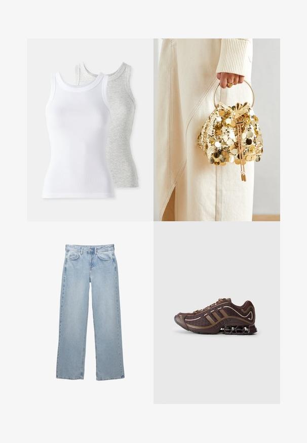 Zwarte leren jas met een staande kraag, een ritssluiting aan de voorkant en twee zakken met rits aan de zijkanten. Heeft een getailleerd ontwerp en een soepele textuur.; Twee mouwloze tanktops: één witte met geribbeld textuur en één lichtgrijze met een subtiel heatherpatroon. Beide hebben een ronde hals.; Lichtblauwe denim jeans met een wijdere pijpdesign, voorzien van een knoop- en ritsluiting, vijf zakken en minimale stikseldetails.; Bruin sportschoen met bovenkant van mesh en synthetisch materiaal, voorzien van drie strepen, gedetailleerde stiksels, tochtige zool en kenmerkende veerkrachtige hak.; Gouden pailletten trekkoord handtas met een ronde handgreep, versierd met glanzende ronde pailletten en een gemêleerde stof. Afmetingen zijn niet opgegeven.