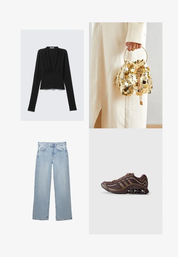 Schwarze Lederjacke mit Stehkragen, Frontreißverschluss und zwei seitlichen Reißverschlusstaschen. Besitzt ein tailliertes Design und eine glatte Textur.; Schwarzes, langärmeliges, cropped Oberteil mit tiefem V-Ausschnitt und leichten Rüschen unterhalb des Ausschnitts, auf einem hellen Hintergrund flach ausgelegt.; Helleblaue Denim-Jeans mit weit geschnittenem Design, ausgestattet mit einem Knopf- und Reißverschluss, fünf Taschen und minimalen Nähten.; Brauner Sportschuh mit Mesh- und Synthetik-Obermaterial, mit drei Streifen, detaillierter Steppnaht, dämpfender Sohle und charakteristischem federndem Absatz.; Goldfarbene Drawstring-Handtasche mit einem runden Griff, verziert mit glänzenden runden Pailletten und einem strukturierten Stoff. Abmessungen sind nicht angegeben.