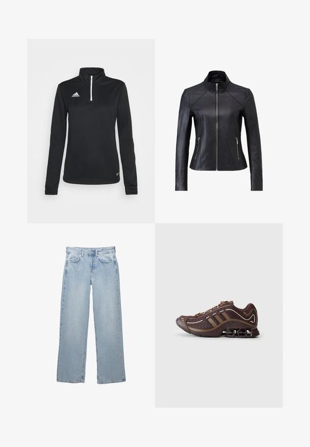 Schwarze Lederjacke mit Stehkragen, Frontreißverschluss und zwei seitlichen Reißverschlusstaschen. Besitzt ein tailliertes Design und eine glatte Textur.; Schwarzes Sweatshirt mit langen Ärmeln und Viertel-Reißverschluss, aus glattem synthetischen Material gefertigt. Mit einem weißen Reißverschluss und einem gestickten Logo auf der linken Brust.; Helleblaue Denim-Jeans mit weit geschnittenem Design, ausgestattet mit einem Knopf- und Reißverschluss, fünf Taschen und minimalen Nähten.; Brauner Sportschuh mit Mesh- und Synthetik-Obermaterial, mit drei Streifen, detaillierter Steppnaht, dämpfender Sohle und charakteristischem federndem Absatz.