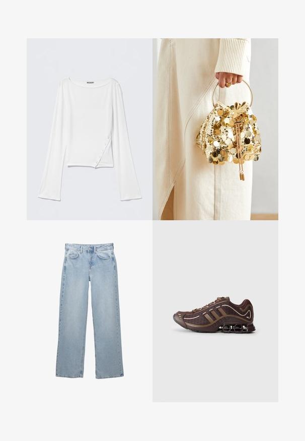 Svart läderjacka med ståkrage, framdragkedja och två sidofickor med dragkedja. Har en figursydd design och mjuk textur.; Vit långärmad topp i mjukt tyg. Har rund halsringning, detaljer med knappar i sidan och en kortare silhuett. Mjuk textur, avslappnad design.; Ljusblå denim byxor med vid bendesign, featuring en knapp- och dragkedjestängning, fem fickor och minimala sömnadsdetaljer.; Brun atletisk sko med överdel i mesh och syntetmaterial, med tre ränder, detaljerad sömnad, vadderad sula och karakteristisk fjädrande häl.; Gul paljettdragväska med ett cirkulärt handtag, featuring glänsande runda paljetter och en texturerad tyg. Måtten är inte angivna.