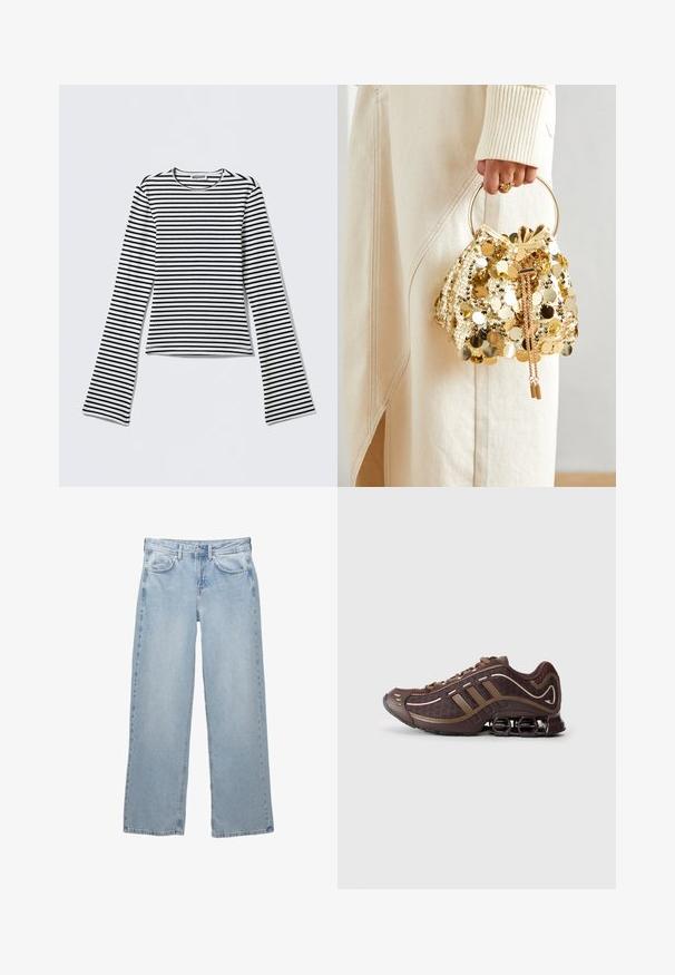 Sort læderjakke med ståkrave, frontlynlås og to lynlåslommer på siden. Har en tætsiddende pasform og en glat tekstur.; Langærmet skjorte med rund halsudskæring, med vandrette sorte og hvide striber, lavet af et strækbart bomuldsblandingsstof.; Lys blå denim jeans med bred bendesign, med en knap- og lynlåslukning, fem lommer og minimale syninger.; Brun atletisk sko med mesh og syntetisk overdel, prydet med tre striber, detaljeret syning, polstret sål og karakteristisk fjederagtig hæl.; Guld paliettrækkevogn med et cirkulært håndtag, der har skinnende runde paljetter og et tekstureret stof. Dimensioner er ikke angivet.