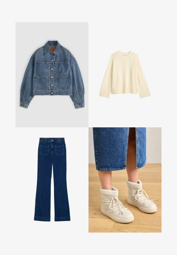 Svijetloplava traper jakna, skraćeni dizajn, istaknuti šavovi, dva prednja džepa, kopčanje na gumbi i klasična ovratnika.; Svijetlosmeđi pleteni pulover s teksturiranim ribljim kostima, okruglim izrezom i rebrastim manžetama i rubom. Kutija fit s narenim ramenima.; Traperice širokog kroja u tamnoplavoj boji s glatkom teksturom, dizajnom s pet džepova i zatvaranjem na dugme u struku.; Bež čizme do članaka s mekanim pletenim rubom i bijelim vezicama. Potplat je debeo i strukturiran, u kombinaciji s plavom traper suknjom.