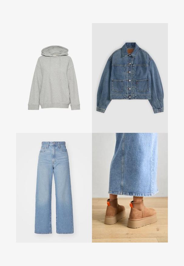 Világoskék farmerdzseki, rövidített kialakítás, kiemelkedő varrásokkal, két elülső zsebbel, gombos záródással és hagyományos gallér részletekkel.; Szürke kapucnis pulóver laza szabással, hosszú ujjakkal, állítható zsinórral és bordás mandzsettákkal. Puha, textúrált anyagból készült.; Világoskék, magas derekú, bő szárú farmernadrág, elülső gombbal és cipzárral, elülső és hátsó zsebekkel, fehér háttérrel.; Barna velúr platform csizmák elasztikus oldalsó panelekkel és narancssárga húzófülekkel, amelyek egy térdközépig érő világoskék farmer szoknyával vannak párosítva egy fás padlón.