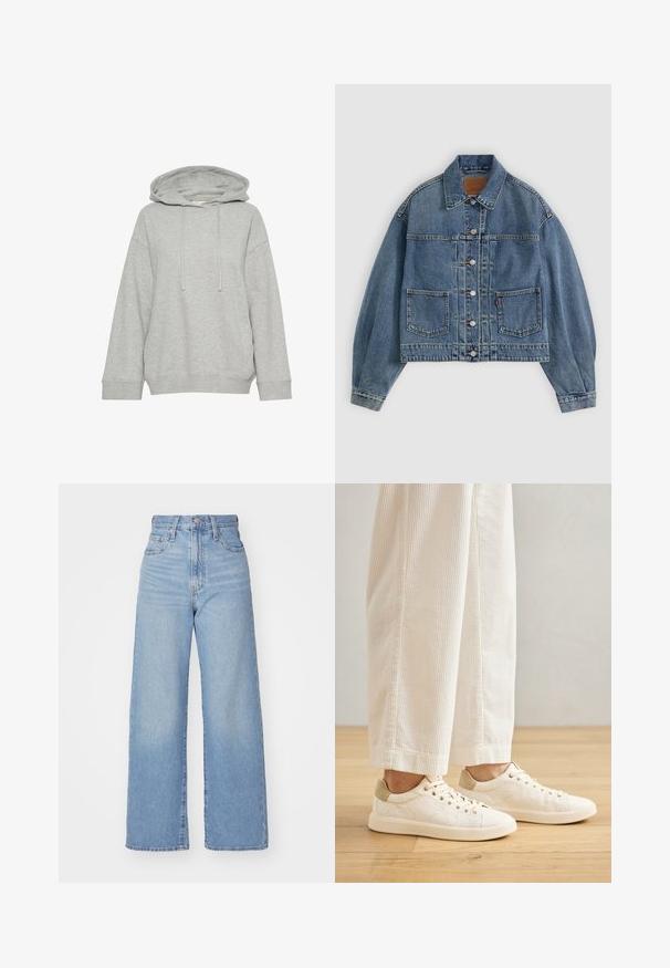 Light blue denim jacket, cropped design, prominent seams, two front pockets, button closure, and traditional collar detail.; Gray hooded sweatshirt with a relaxed fit, featuring long sleeves, drawstring, and ribbed cuffs. Made of soft, textured fabric.; Light blue high-waist wide-leg jeans with front button and zip closure, front and back pockets, on a white background.; Cream-colored sneakers with textured fabric upper, contrasting beige heel, and flat rubber sole. Laced design with six eyelets.