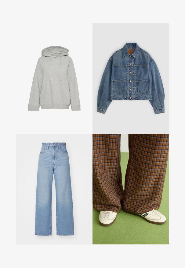 Chaqueta de mezclilla azul claro, diseño corto, costuras prominentes, dos bolsillos frontales, cierre de botones y detalle de cuello tradicional.; Sudadera gris con capucha de corte relajado, con mangas largas, cordón y puños acanalados. Fabricada en una suave tela texturizada.; Jeans de tiro alto y pernera ancha en azul claro, con cierre frontal de botón y cremallera, y bolsillos delantero y trasero, sobre un fondo blanco.; Pantalones de pata de elefante de cuadros marrones y azules combinados con zapatos blancos con detalles en negro y suelas texturizadas, sobre un fondo verde.