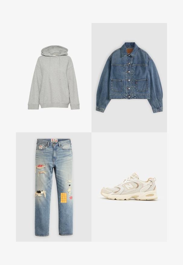 Világoskék farmerdzseki, rövidített kialakítás, kiemelkedő varrásokkal, két elülső zsebbel, gombos záródással és hagyományos gallér részletekkel.; Szürke kapucnis pulóver laza szabással, hosszú ujjakkal, állítható zsinórral és bordás mandzsettákkal. Puha, textúrált anyagból készült.; Világoskék, laza szabású farmernadrág, különböző színekkel és mintákkal, beleértve a narancssárga és piros díszítéseket, kopott foltokkal.; Beige sportcipők hálós és szintetikus burkolatokkal, texturált felülettel, párnázott bokarésszel és "ABZORB" párnázással a saroknál.