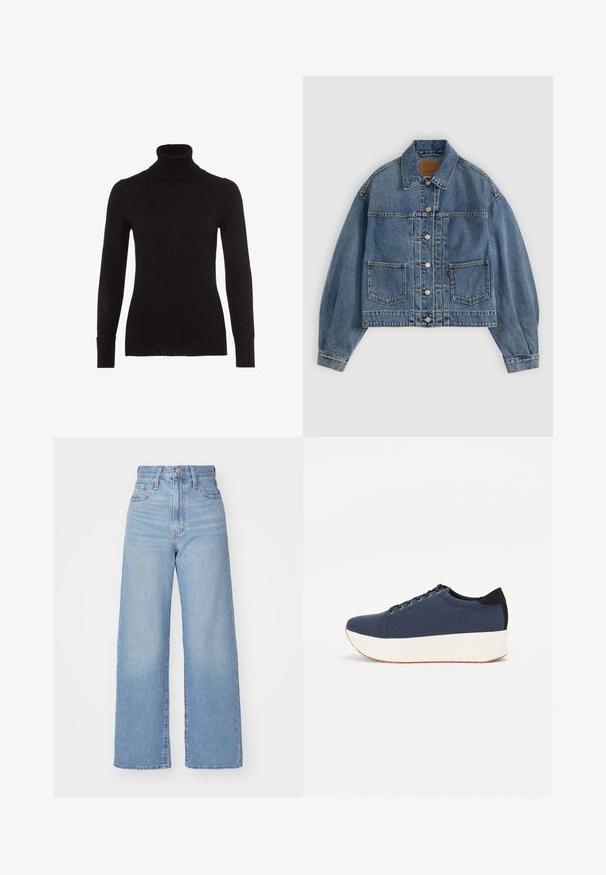 Jasnoniebieska kurtka dżinsowa, cropped design, wyraźne szwy, dwie przednie kieszenie, zapięcie na guziki i tradycyjny kołnierz.; Czarny sweter z golfem, wykonany z miękkiego dzianinowego materiału. Posiada długie rękawy, ściągacze przy mankietach oraz ściągacz przy dekolcie. Gładka faktura bez widocznych wzorów.; Jasnoniebieskie jeansy z wysokim stanem i szerokimi nogawkami, z zapięciem na guziki i zamek z przodu, przednie i tylne kieszenie, na białym tle.; Granatowe trampki z teksturowanej tkaniny, biała platforma, okrągły nosek i czarny akcent na pięcie. Posiadają sześć oczek na sznurówki.