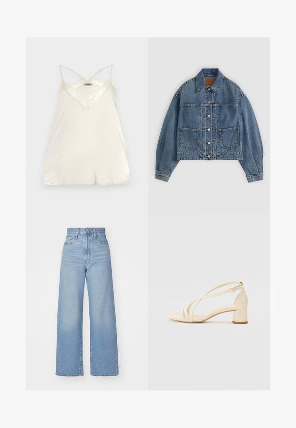 Hele sinine denim-jakk, lühendatud disain, silmapaistvad õmblused, kaks esimest taskut, nööpide sulgemine ja traditsiooniline kraedetail.; Hele kreemjas kampsun, millel on reguleeritavad õhukesed rihmad, V-kujuline kaelus ning pitsaktsentidega kaeluse ja serva juures, et lisada detaili.; Heledad sinine kõrge vöökohaga laiad teksad, ees nupp ja tõmblukk, ees ja taga taskud, valge tausta peal.; Bežid kontsagaid sandaalid plokknõlva, rihmadega disain ja reguleeritav pahklu strap, valmistatud siledast sünteetilisest materjalist matta viimistlusega.