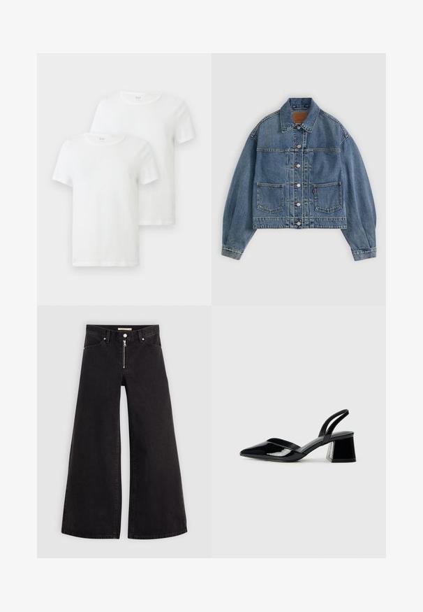 Svetlo modra kavbojka, skrajšan dizajn, izraziti šivi, dve sprednji žepi, gumbasta zapora in tradicionalni detajl ovratnika.; Dve bele kratkoslebe majice iz bombaža z okroglih izrezom in mehko teksturo. Na izrezu vidna blagovna znamka.; Široke traperice iz črnega denima z zadrgo spredaj, petimi žepi in diskretnimi šivi. Gladka tekstura in ležeren slog.; Črne lakirane slingback pete s koničastim nosom in geometrijsko blokasto peto. Imajo eleganten, minimalističen dizajn in gladko teksturo.