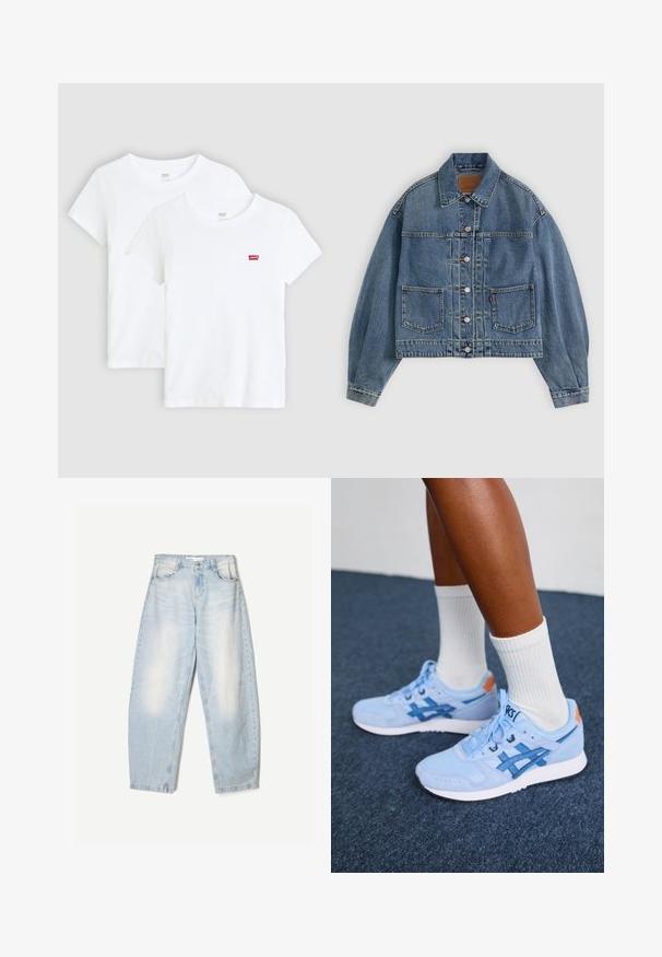 Hellblaues Jeansjackett, verkürztes Design, auffällige Nähte, zwei Fronttaschen, Knopfverschluss und traditioneller Kragen.; Zwei weiße kurzärmelige T-Shirts aus Baumwolle mit einem kleinen roten Levi's-Logo auf der Brust, rundem Halsausschnitt und geradem Saum.; Hellblaue Jeans aus Denim mit lockerer Passform, im ausgewaschenen Finish, zwei Fronttaschen und einem Knopfverschluss am Bund.; Beine in hellblauen Asics-Sneakern mit weißen Sohlen und weißen Kniestrümpfen, die auf einem dunklen Teppichboden stehen.