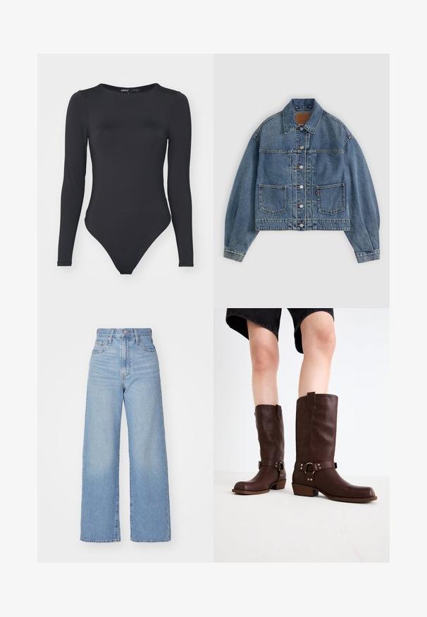 Hele sinine denim-jakk, lühendatud disain, silmapaistvad õmblused, kaks esimest taskut, nööpide sulgemine ja traditsiooniline kraedetail.; Musthave musta pikkade varrukatega bodysuit, mis on valmistatud siledast kangast, ümara kaelusega ja kõrge lõikega jalgadega, millel on minimaalsed õmblused.; Heledad sinine kõrge vöökohaga laiad teksad, ees nupp ja tõmblukk, ees ja taga taskud, valge tausta peal.; Pruunid nahast põlvekõrgused saapad, millel on ümar varvas, tekstuuriga pind, pahkluu rihm ja hõbedane detail; klambriga konts.