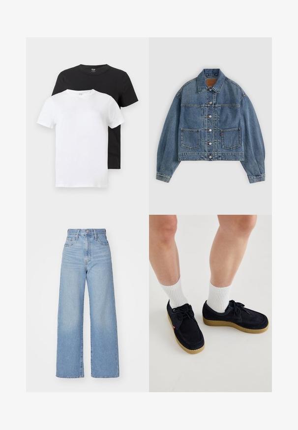 Gai zils džinsu jaka, īsa dizaina, izteiktas šuves, divas priekšējās kabatas, pogu aizdare un tradicionāla apkakles detaļa.; Divas T-kreklas: viens balts un viens melns, abiem īsām piedurknēm un apaļu kakla izgriezumu, izgatavoti no kokvilnas ar gludu tekstūru.; Gaiši zili augstās jostas vidukļa platās bikses ar priekšējo pogu un rāvējslēdzēju, priekšējām un aizmugurējām kabatām uz baltā fona.; Tums zilas zamšādas kurpes ar apaļu purngalu, auklu aizdari un krēmkrāsas gumijas zoli. Apvienotas ar baltām ribotām apakšzālēm.