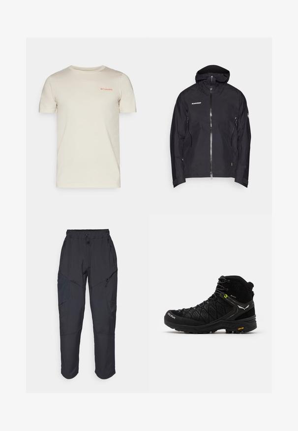 Jaqueta preta para exterior com frente com fecho éclair, capuz ajustável e dois bolsos laterais com fecho. Feita de material impermeável com um design minimalista.; T-shirt de manga curta na cor creme, feito de algodão suave, com um pequeno logo vermelho da Columbia no lado superior esquerdo.; Calças cargo pretas feitas de um material leve e resistente à água; apresentam uma cintura elástica, múltiplos bolsos com fecho e pernas ajustadas.; Bota de caminhadas preta com um upper texturizado, ponta reforçada e sola Vibram. O sistema de atacadores inclui ganchos para um ajuste seguro.